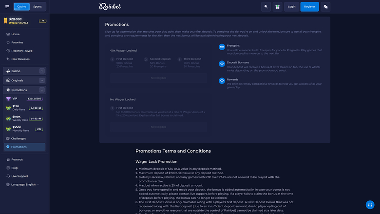 Rainbet Casino Desktop Promotions