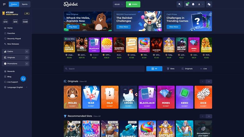 Rainbet Casino Desktop Homepage