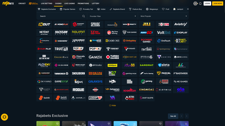 Rajabets Casino Desktop Game Developers