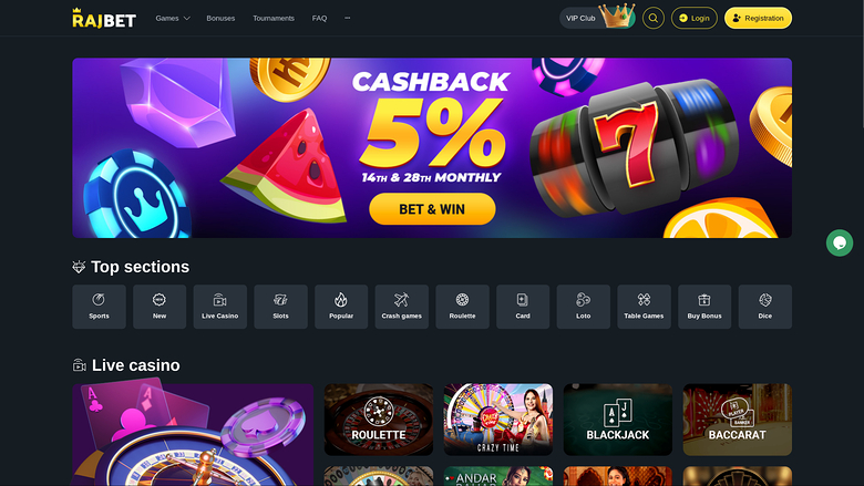 RajBet Casino Desktop Homepage