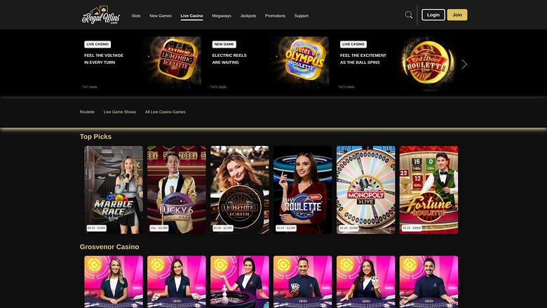 Regal Wins Casino live dealer page