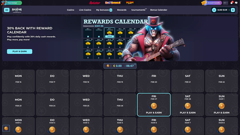 RockstarWin Casino Desktop Rewards Calendar