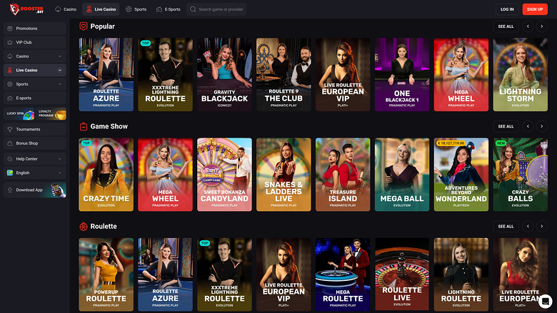 Rooster Bet Desktop Live Dealer