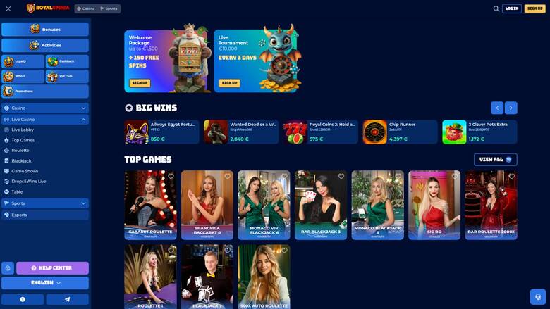 Live games page screenshot of RoyalSpinia Casino