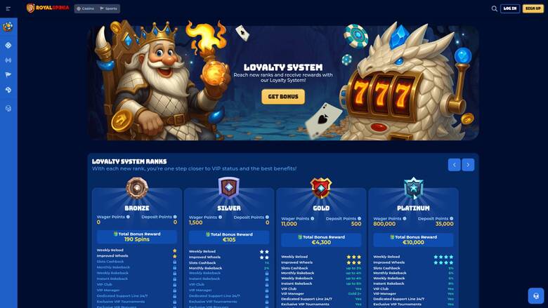 Loyalty program page screenshot of RoyalSpinia Casino