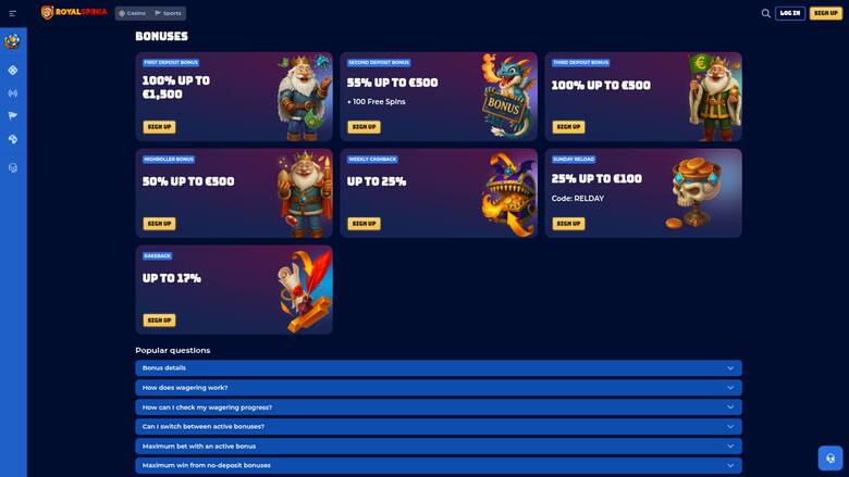 Promotions page screenshot of RoyalSpinia Casino