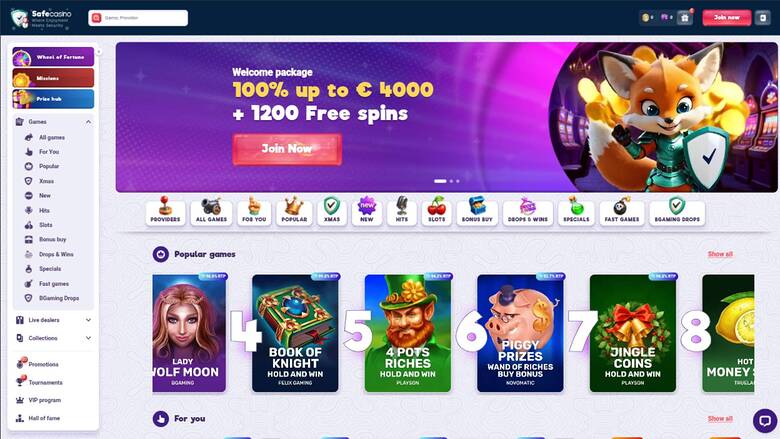 Homepage screenshot of SafeCasino