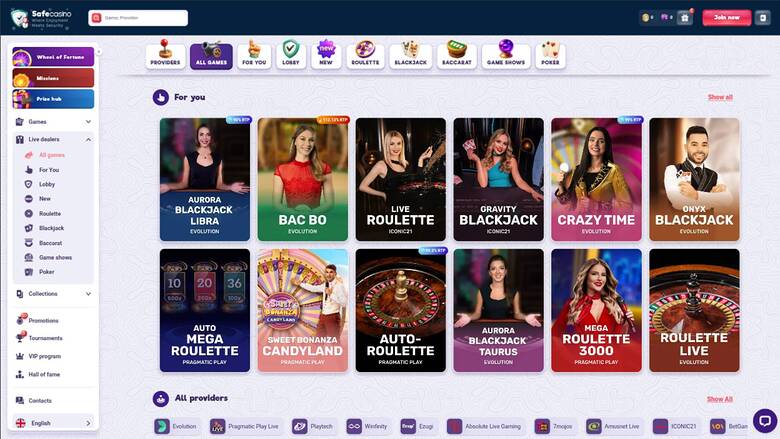 Live games page screenshot of SafeCasino