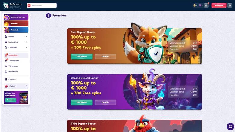 Promotions page screenshot of SafeCasino