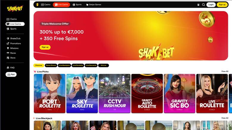 Live page screenshot of Shakebet Casino