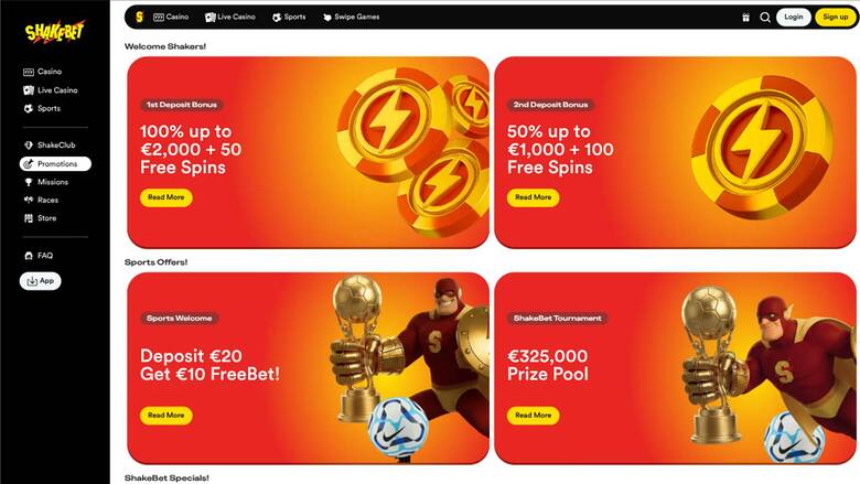 Promotions page screenshot of Shakebet Casino