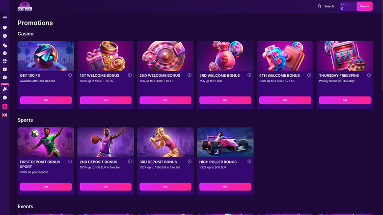 SlotRush Casino Desktop Promotions