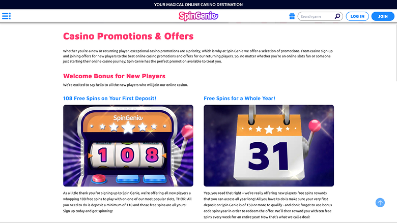 SpinGenie Casino Desktop Promotions