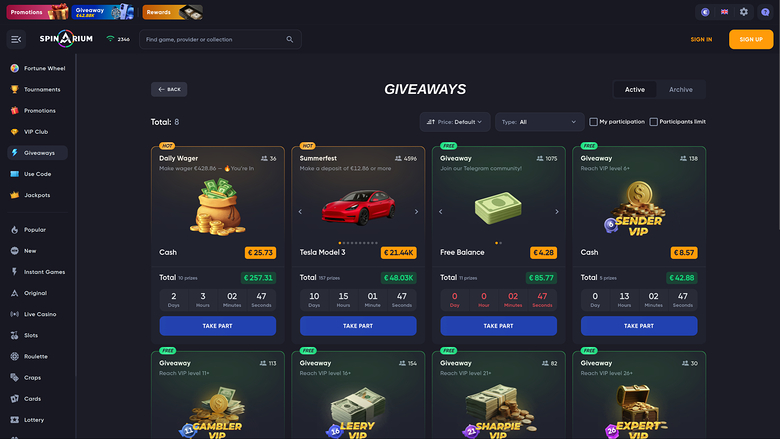 Spinarium Casino Desktop Giveaways