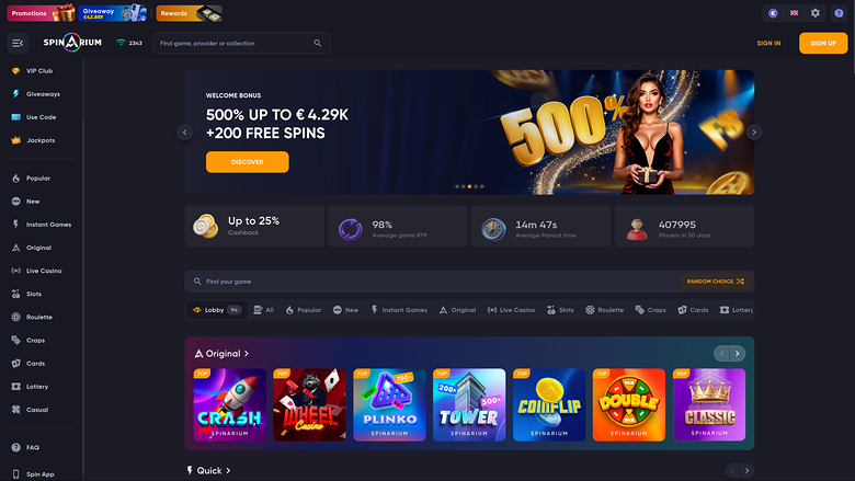 Spinarium Casino Desktop Homepage