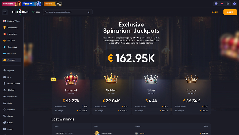 Spinarium Casino Desktop Jackpot