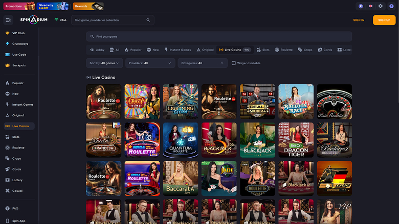 Spinarium Casino Desktop Live Dealer