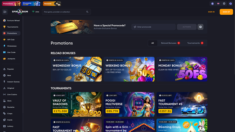 Spinarium Casino Desktop Promotions