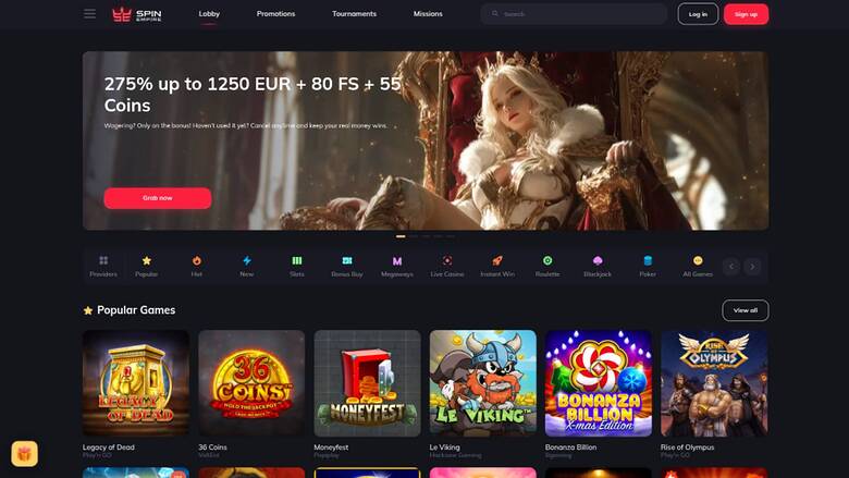 Homepage screenshot of SpinEmpire Casino
