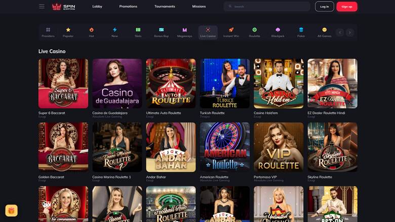 Live page screenshot of SpinEmpire Casino
