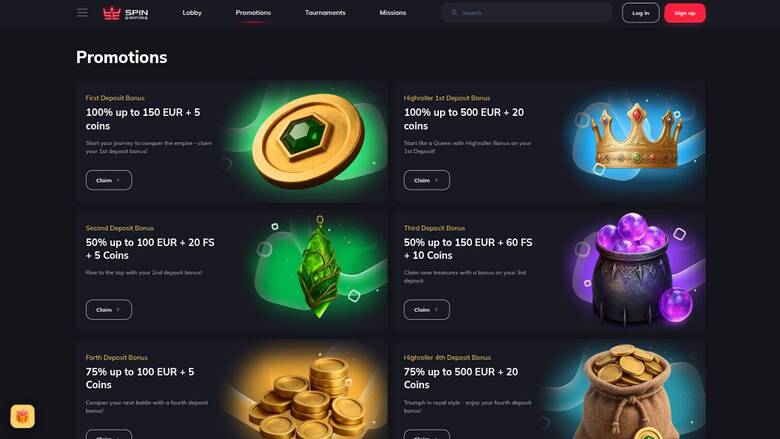 Promotions page screenshot of SpinEmpire Casino