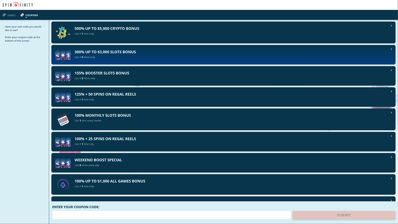 Spinfinity Casino Desktop Promotions