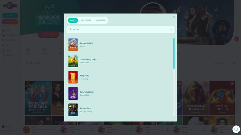 Spinia Casino Desktop Jackpot