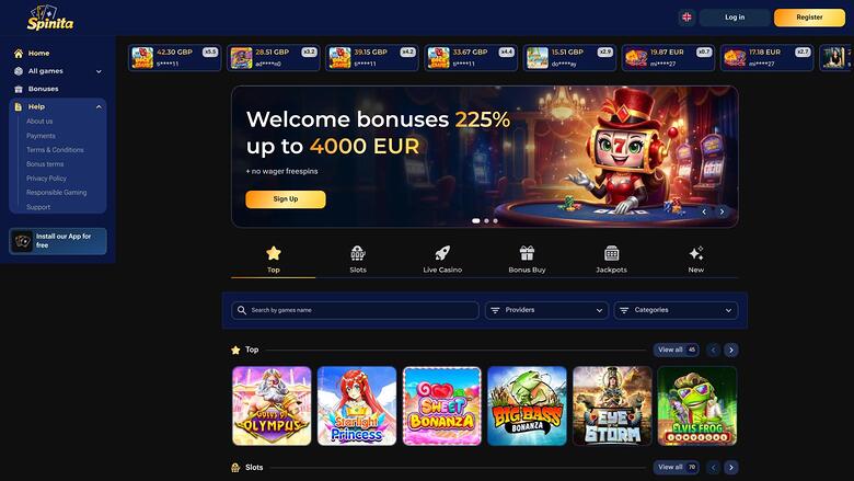 Spinita Casino homepage