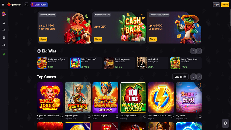 Homepage screenshot of Spinmacho Casino for Desktop
