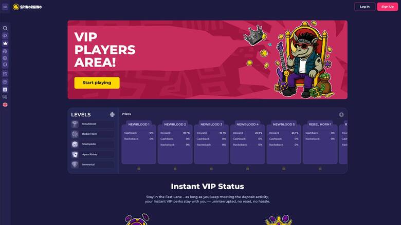 VIP page screenshot of Spinorhino Casino