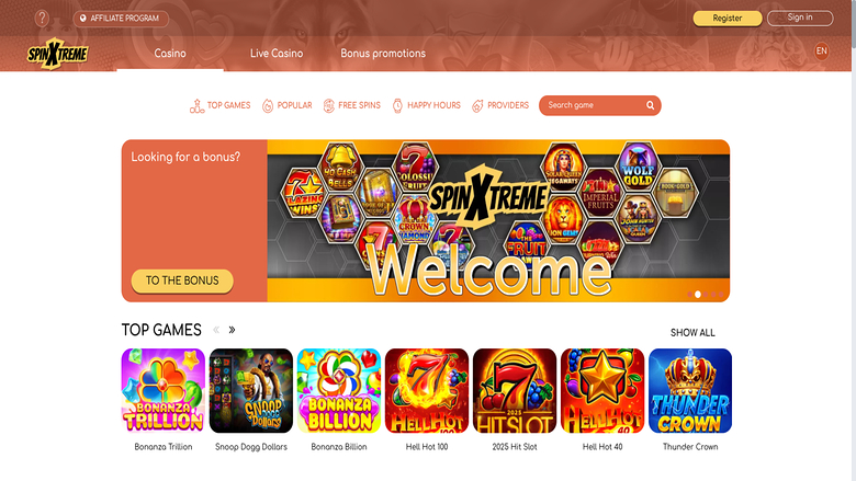 Homepage screenshot of Spinxtreme for Desktop