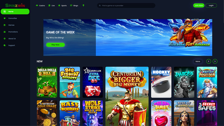 SpinzWin Casino Desktop Homepage