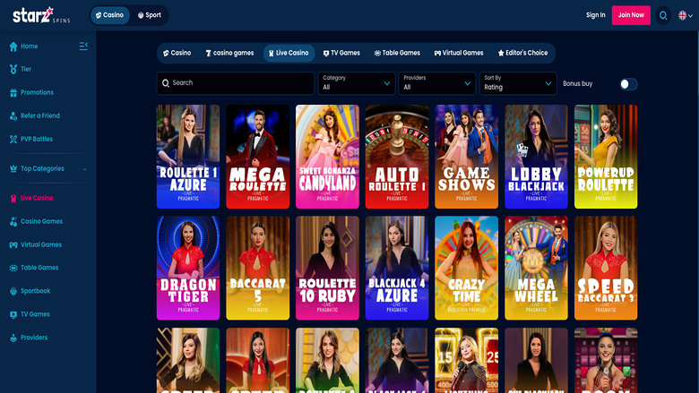 Live Dealer screenshot of StarzSpins Casino for Desktop