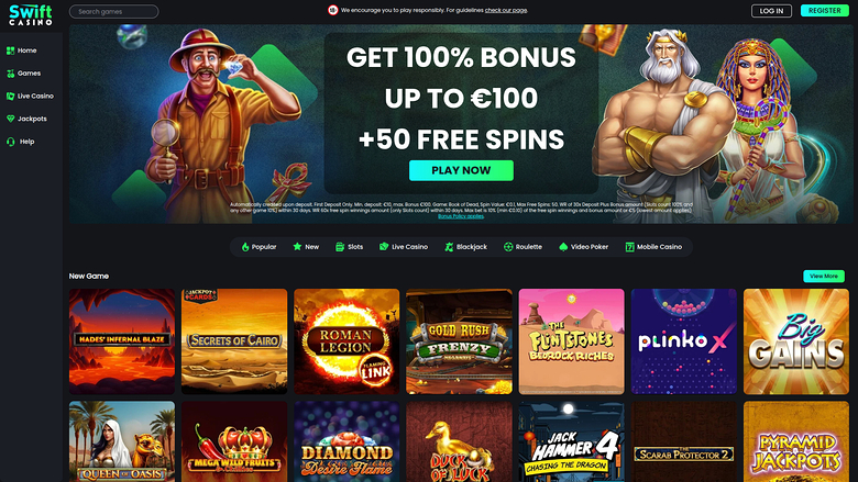 Swift Casino Desktop Homepage
