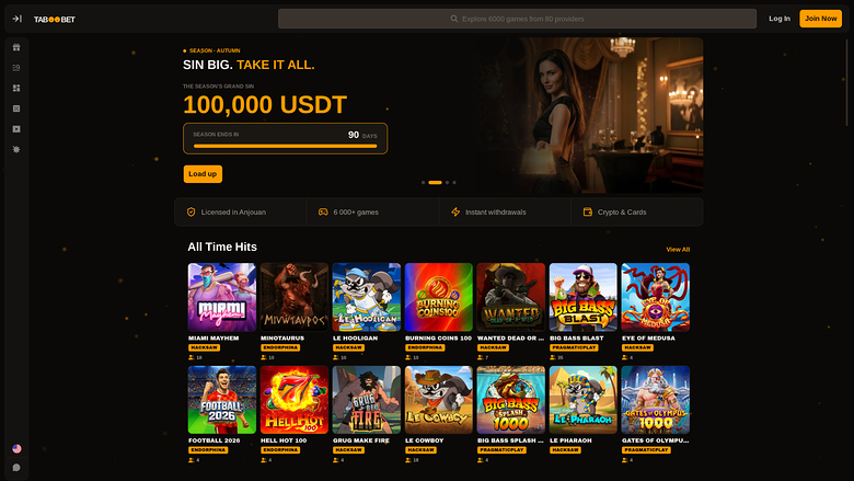 TabooBet Casino Desktop Homepage