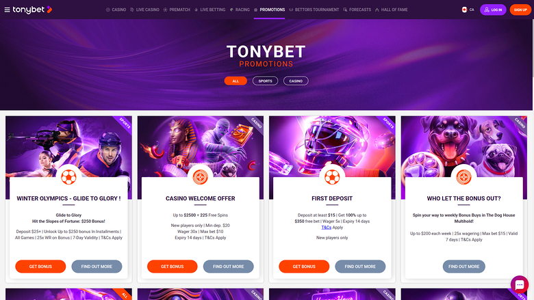 TonyBet Casino Desktop Promotions