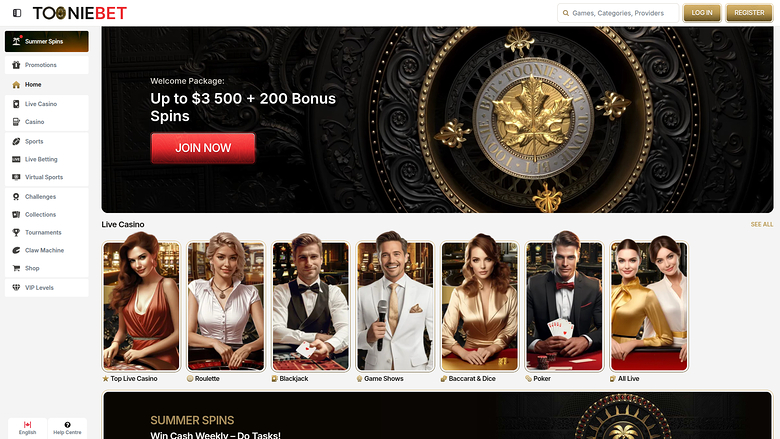 ToonieBet Casino Desktop Homepage