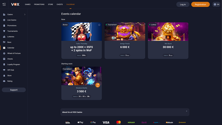 Vox Casino Desktop Events Calendar