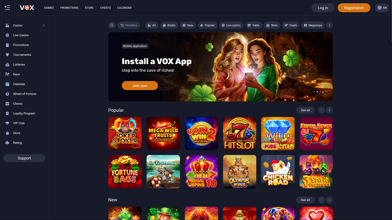 Vox Casino Desktop Homepage
