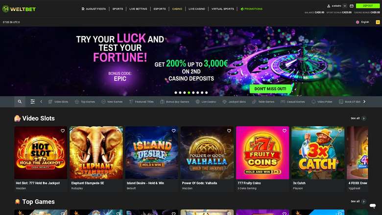 Weltbet Casino Desktop Homepage