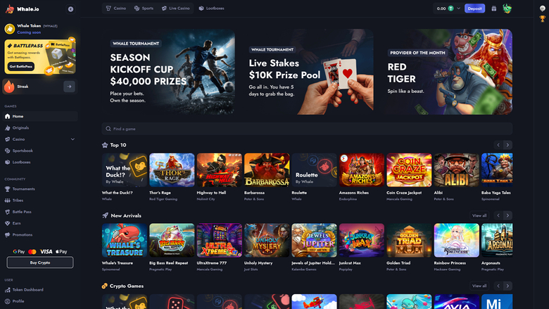 Whale Casino Desktop Homepage