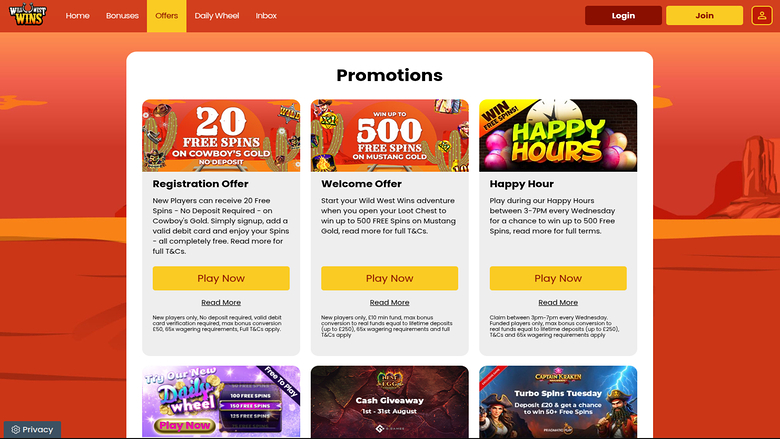 Wild West Wins Promotions Desktop