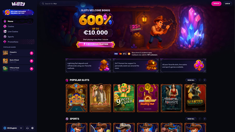 Wildzy Casino Desktop Homepage