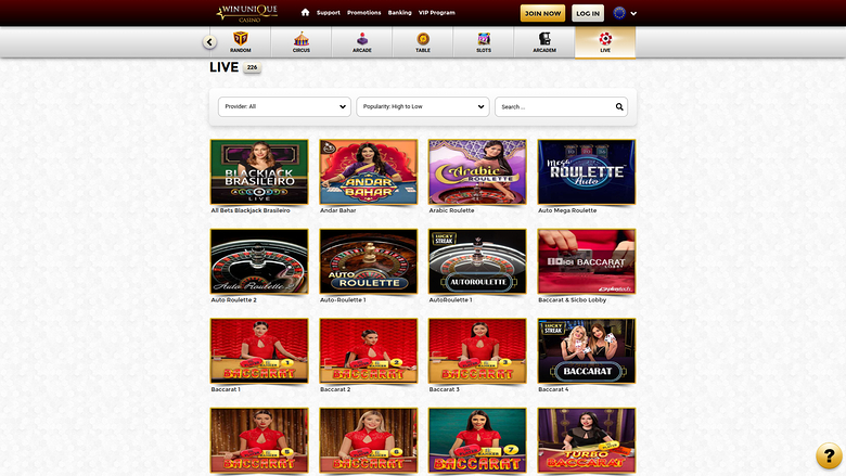 Win Unique Casino Desktop Live Dealer