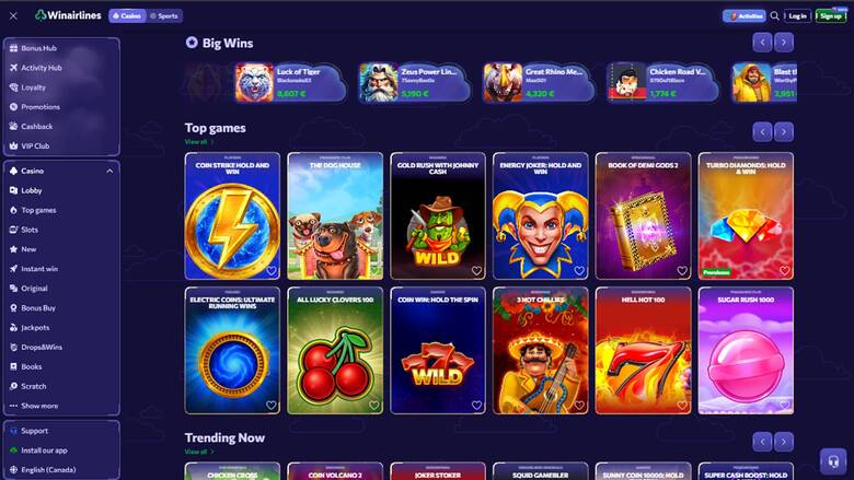 Games page screenshot of Winairlines Casino