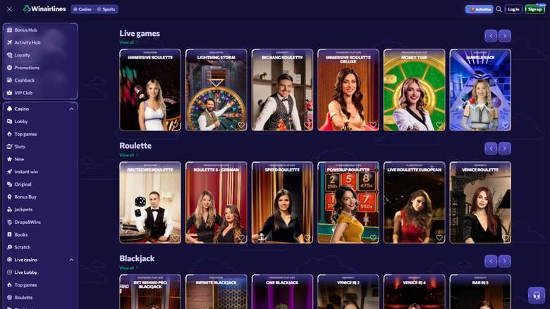 Live page screenshot of Winairlines Casino