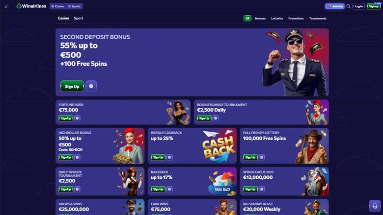 Promotions page screenshot of Winairlines Casino