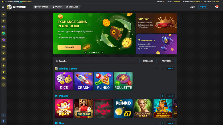 WinDice Casino Desktop Homepage