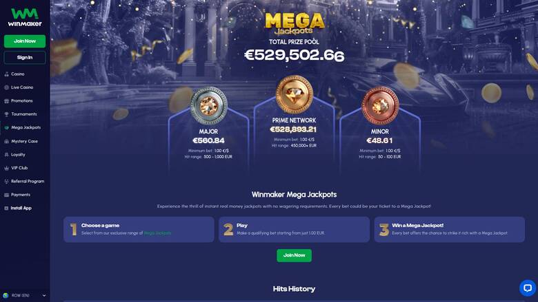 Jackpot page screenshot of Winmaker Casino 