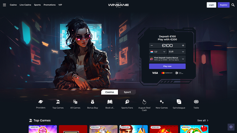 Winsane Casino Desktop Homepage